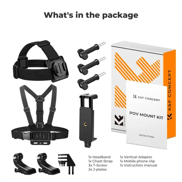K&F Set Accesorii Purtabile Camera Sport, Compatibil GoPro, DJI Osmo, Insta360, Sistem Prindere Rapida, Clema Telefon 65-102mm