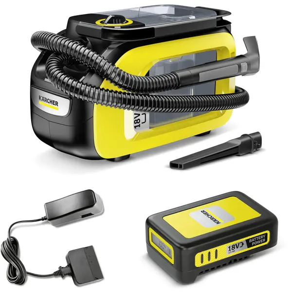 Karcher Aspirator cu spalare prin injectie-extractie Karcher SE 3-18 Compact Batteryset, 1.081-502.0, baterie de 18 V inclusa, rezervor apa curata, reciclata 1,9, 1,2, furtun 2 in 1 si functie de spalare, Galben-Negru