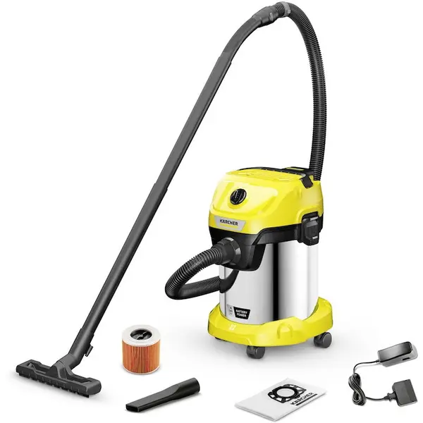 Karcher Aspirator umed-uscat cu acumulator Karcher WD 3-18 S 1.628-576.0, Baterie de 18 V, 17 L otel inoxidabil, Furtun 2 m, Include baterie si incarcator de baterie