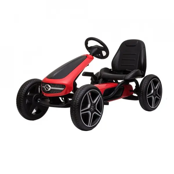 Kart cu pedale pentru copii Novokids Mercedes Benz Kart Pro Rosu, cu claxon si melodii, structura metalica, frana de mana, functie freewheel, scaun ajustabil, mers cu spatele