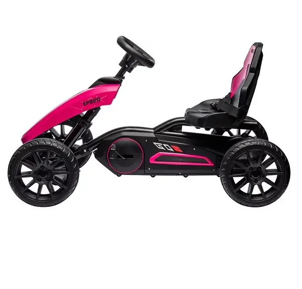 Kart pentru copii Nichiduta Speed Pink, structura metalica, cu pedale si roti silentioase din spuma EVA, scaun reglabil, frana de mana pe rotile din spate, greutate maxima admisa 30 kg, dimensiune 100 x 58 x 58.5 cm