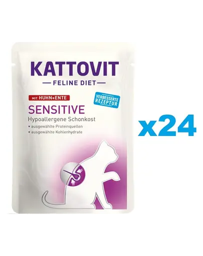 KATTOVIT Feline Diet Sensitive hrana umeda dietetica pentru pisici cu alergii alimentare, cu pui si rata 24 x 85 g