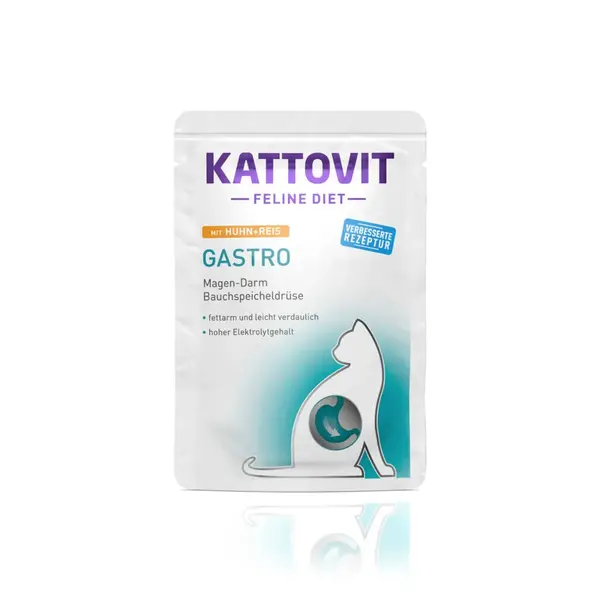 KATTOVIT Gastro, Pui și Orez, dietă veterinară, plic hrană umedă pisici, sistem digestiv, (în sos), 85g