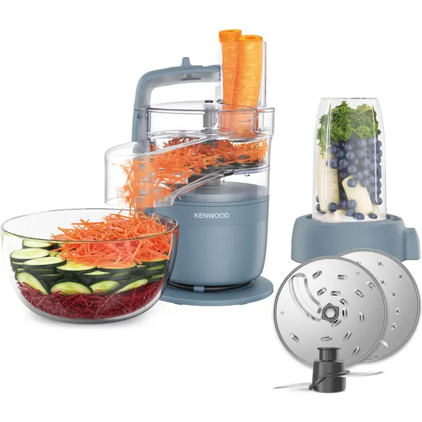 Kenwood Robot de bucatarie compact Kenwood MultiPro Go FDP23.380GY, 650W, vas 1.3L, blender 600 ml, 2 trepte viteza, functie 360 Express Serve pentru feliere/razuire nelimitata, Albastru