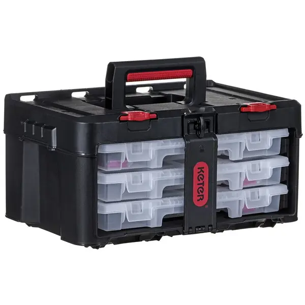 Keter Cutie de depozitare cu organizator, KETER Stack'N'Roll 253380, 481 x 332 x 233 mm, 3 sertare care se incuie, Neagra
