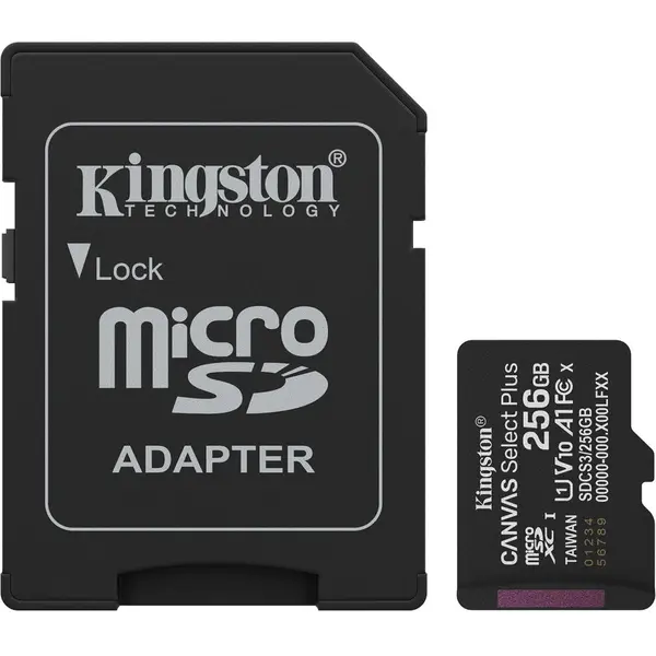 Kingston Card de memorie microSDXC Kingston Canvas Select Plus SDCS3 256 GB, Class 10, UHS-I U1, V30, A1 + Adaptor SD