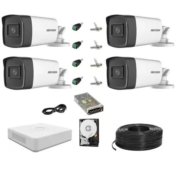 Kit 4 camere supraveghere Hikvision, 2MP FULL HD, IR 40m, accesorii montaj incluse