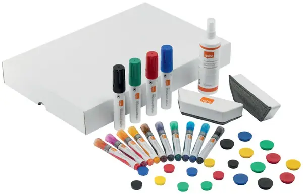 Kit accesorii NOBO Move & Meet, pentru sistemul mobil, include 14 markere, 20 magneti, 2 bureti si spray de curatare 250 ml Kit accesorii NOBO Move & Meet, pentru sistemul mobil, include 14 markere, 20 magneti, 2 bureti si spray de curatare 250 m