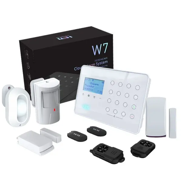 Kit alarma wireless antiefractie Heyi cu detector de miscare tip perdea si contact magnetic, comunicare 3G/4G, Wi-Fi, suport 32 zone, KIT-HEYI-W7-DC