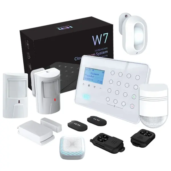 Kit alarma wireless antiefractie Heyi cu senzor de miscare, sirena exterior, sirena interior, suport 3G/4G, Wi-Fi, 32 zone, KIT-HEYI-W7-DSSS