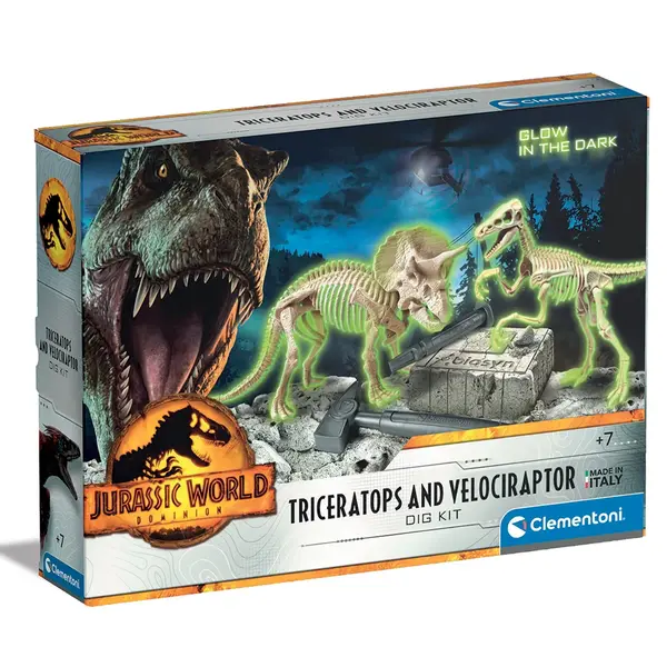 Kit arheologic, Clementoni, Glow in the Dark, Triceratops si Velociraptor