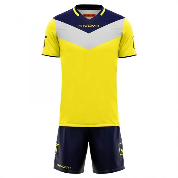 KIT Campo Personalizabil copii si adulti EF6 2XS, Tricou galben cu bleumarin și șort bleumarin