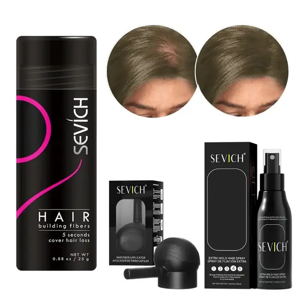 Kit complet fibre pentru păr rar, SEVICH, pudră, fixativ, aplicator, șaten deschis, 25 g