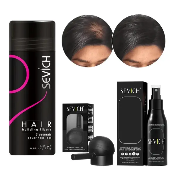 Kit complet fibre pentru păr rar, SEVICH, pudră, fixativ, aplicator, șaten închis, 25 g