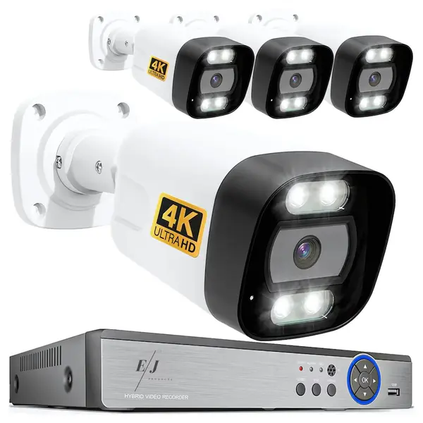 Kit complet supraveghere 4K cu DVR si 4 camere exterior, PK-8HB718, detectare faciala AI, audio bidirectional, vedere color noaptea, pana la 30m, PoE, IP66, alb