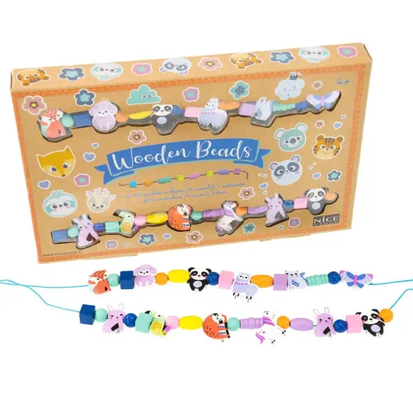 Kit creativ DIY - coliere si bratari cu margele din lemn - 12 animale de padure