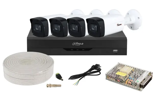 Kit de supraveghere pentru exterior 2MP (FULL HD), IR 80m, 4 camere si DVR cu AI, DAHUA KITDAH5MP80EXTACC-M