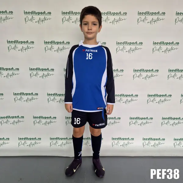 Kit echipament fotbal maneca lunga copii Patrick EF38 2XL, ALBASTRU BLEUMARIN ALB