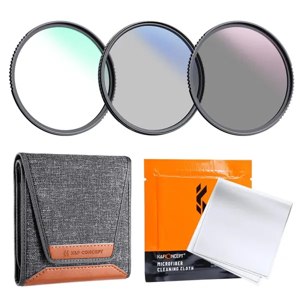 Kit filtre K&F 77mm (MCUV+CPL+ND4) cu lavetă de curățare și husă pentru filtre.