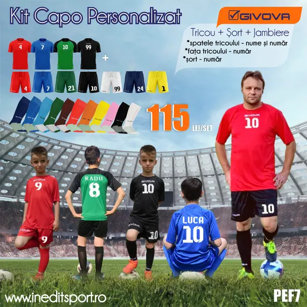 KIT GIVOVA PEF7 Echipament fotbal personalizat copii si adulti. S, Albastru