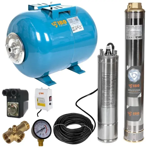Kit hidrofor 50L cu pompa submersibila IBO Dambat 4SDM3/14, 1.1kW, debit 94l/min, H refulare 103m, racord 1.5", rezistenta la nisip