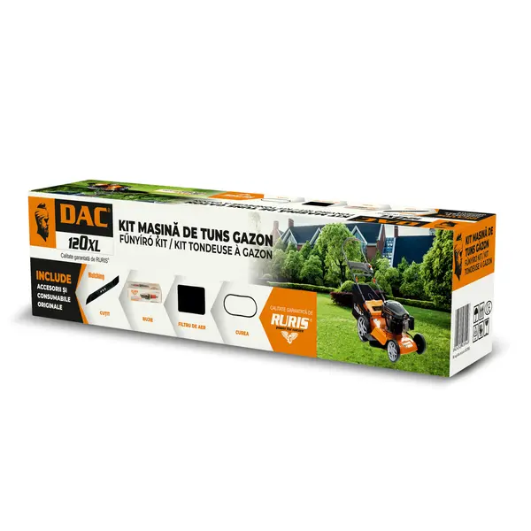 Kit masina de tuns gazon dac120xl,cutit functie mulching, curea, filtru aer, bujie, kit surub