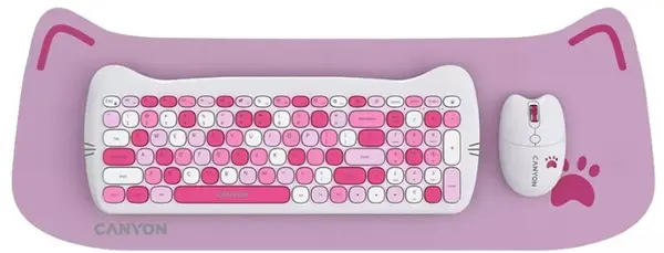 Kit mouse, tastatură și mouse pad Canyon - CNS-HSETW6PK, wireless, roz