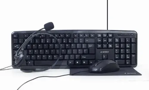 Kit office Gembird KBS-UO4-01 4-in-1, Layout US, Mouse 1000 DPI, Casti cu microfon, Mouse Pad (Negru)