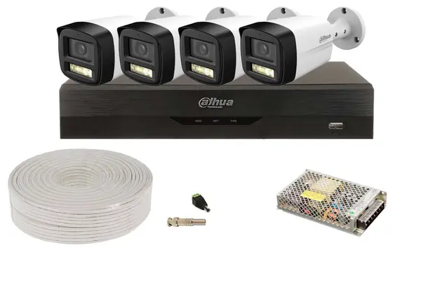 Kit pentru exterior cu 4 camere 5MP, Iluminare duala 40m + DVR 4 canale AI Dahua, KIT4DHFHD80-TW