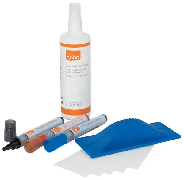 Kit pentru tabla NOBO, 3 markere diverse culori, burete magnetic + rezerva, spray curatare 125 ml Kit pentru tabla NOBO, 3 markere diverse culori, burete magnetic + rezerva, spray curatare 125 ml