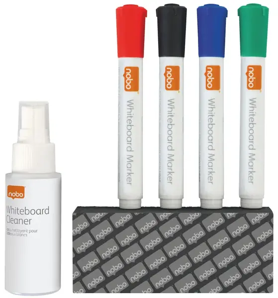 Kit pentru tabla NOBO, 4 markere diverse culori, burete magnetic, spray curatare 50 ml Kit pentru tabla NOBO, 4 markere diverse culori, burete magnetic, spray curatare 50 ml