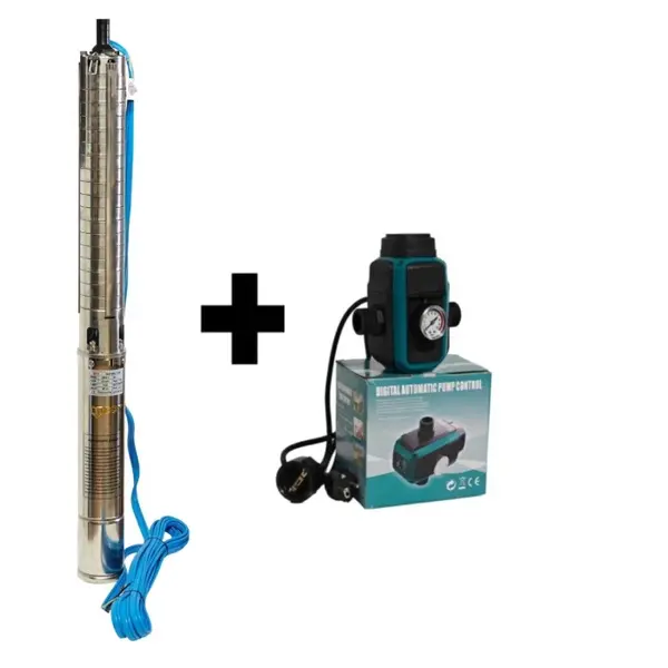 Kit Pompa submersibila de adancime DDT 4SP5 17 , 2 kW, 3 CP, 9 m ³ h, 120 m inaltimea de refulare , 17 turbine inox, cu panou de control, rezistenta la nisip+ Presostat electronic inteligent digital