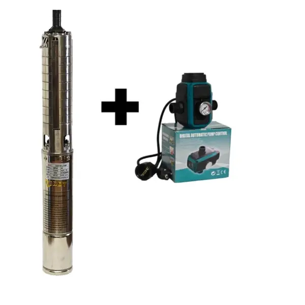 Kit pompa submersibila de adancime DDT 4SP5 8 , 1.5 kW, 2 CP, 7 m ³ h, 8 turbine inox cu panou de control, rezistenta la nisip + Presostat electronic inteligent digital
