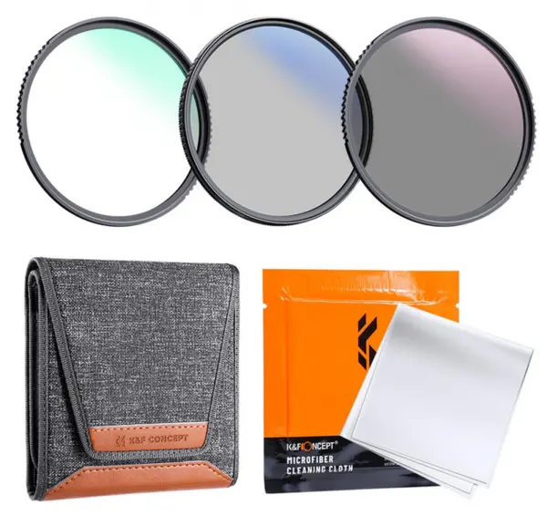 Kit profesional K&F 58mm cu 3 filtre (MCUV/CPL/ND4), husă pentru filtre și 3 lavete de curățare.