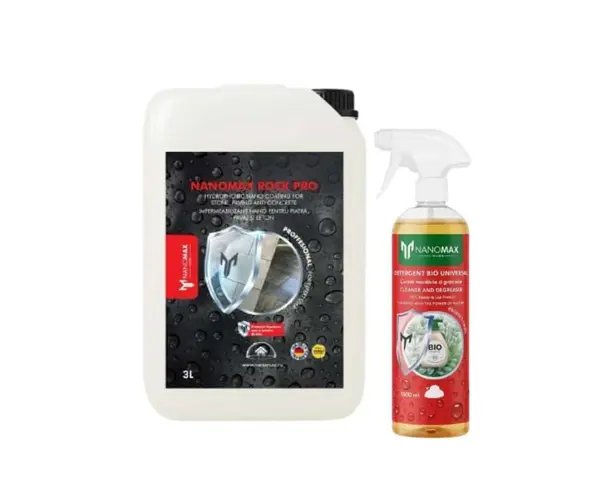 KIT Protecție Piatra & Pavaj – Efect Natural Hidrofob NanoMax Protecție piatră ROCK PRO Efect Natural, 3 L + Detergent universal BIO CLEANER piatră/pa