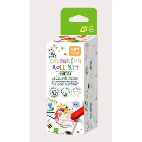 Kit rola de desenat Uneste punctele - 2 m, include 4 creioane colorate cerate, Vehicule - Haku Yoka