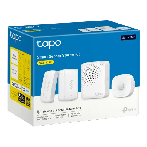 Kit senzori smart TP-Link Tapo T30 KIT, hub H100, senzor miscare T100, 2x senzor usa/fereastra T110, alarma 90dB, notificari aplicatie, compatibil Alexa, Google Home si Apple Home