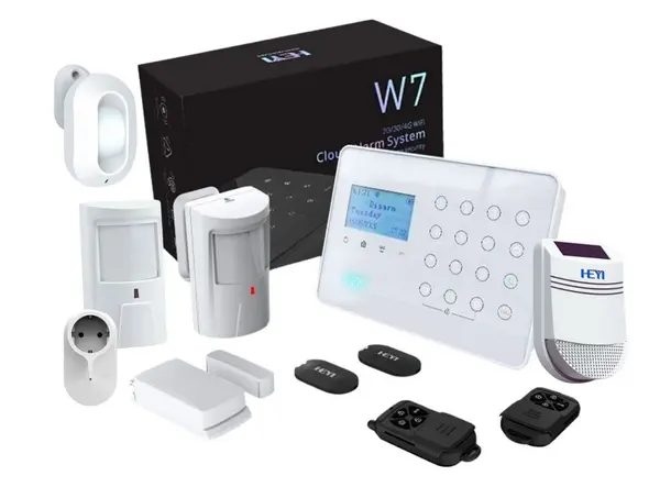 Kit sistem alarma wireless antiefractie Heyi, GSM, Wi-Fi, 2 zone, priza, detector si senzor miscare, sirena exterior, KIT HY-W7-03