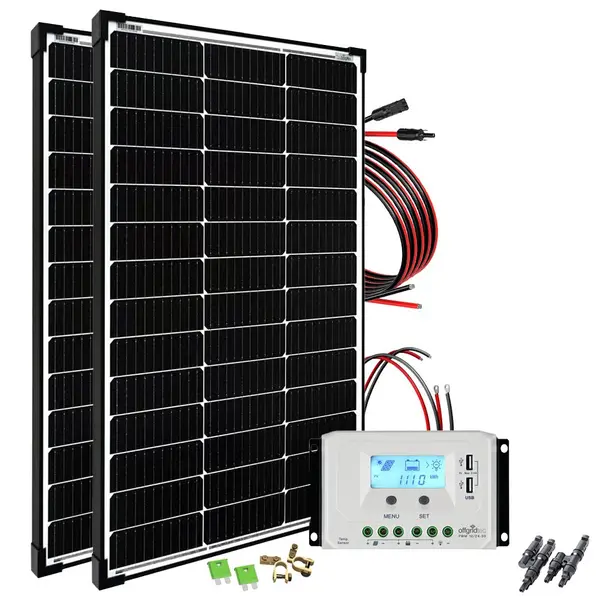 Kit solar off-grid 200W, 12 24V, regulator Steca PR 3030, panou monocristalin 22.3%, conectori MC4, ideal pentru garaje, locuinte izolate si cabane
