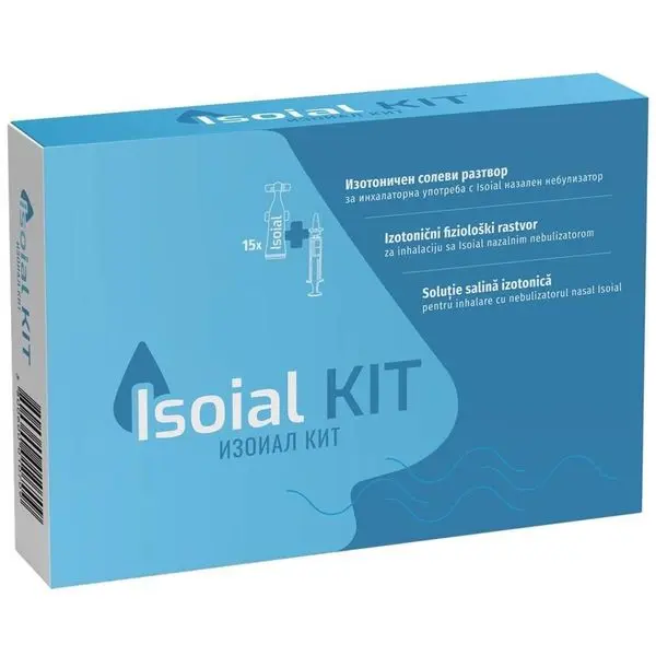 Kit solutie salina pentru nas infundat + nebulizator nazal, Isoial | 15 flacoane x 5 ml