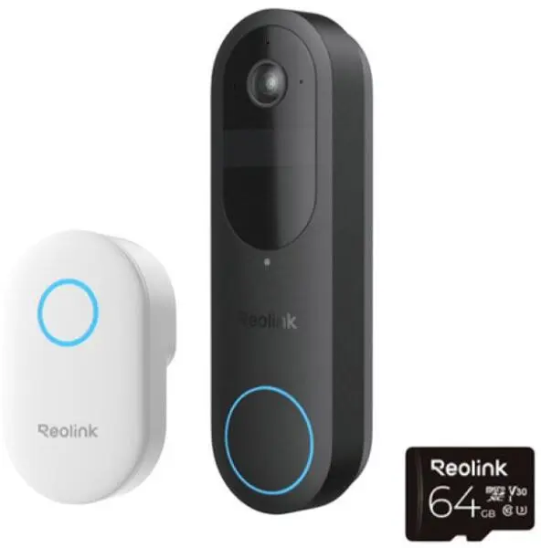 Kit sonerie wireless WiFi dual band Reolink D340B+CHIME+64GB, 4 MP, 1.2 mm, 2.4-5 GHz, 7000 mAh, PIR, microfon si difuzor, slot card