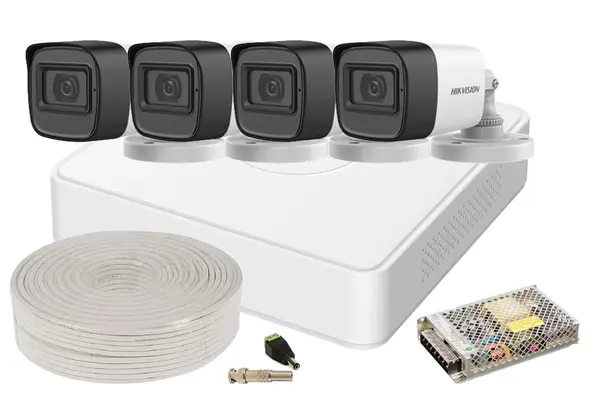 Kit supraveghere 2MP FULL HD, 4 camere cu microfon, lentila 2.8mm, IR 30 M, Hikvision KIT4FHDEXT10A-HIK-1