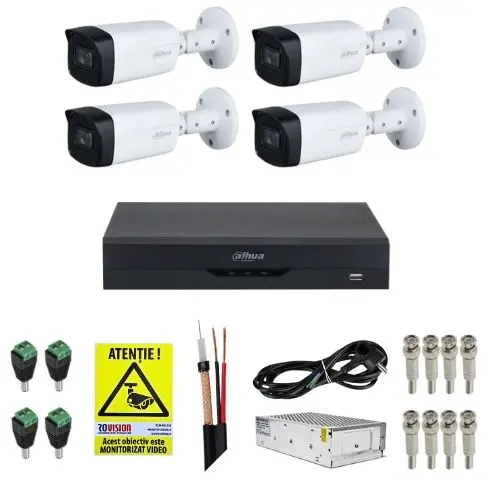 Kit Supraveghere 4 Camere Dahua 5MP IR 80m Starlight Lentila 3.6mm, DVR 4 Canale 4K 8MP WizSense, Accesorii + Autocolant Rovision