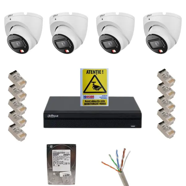 Kit supraveghere Dahua, 4 camere 8MP Smart Dual Light, IR 30m, lumina alba 30m,lentila 2.8mm, microfon, NVR Dahua 4 canale 12MP, Hard Disk 1TB, Mufă rețea RJ45, Cablu UTP CAT5E, Autocolant supraveghere video Rovision