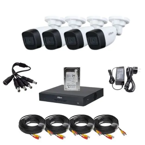 Kit supraveghere Dahua, 4x camere Bullet, 2MP, lentila 2.8mm, IR 30m, microfon, 4x cabluri, DVR 4 canale, max 6 canale IP pana la 6MP, sursa alimentare, Splitter distribuitor alimentare 4 camere, hard disk 500GB