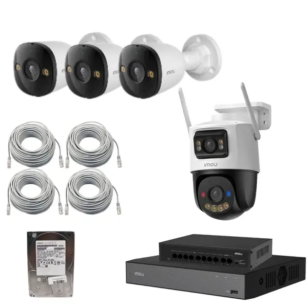 Kit supraveghere IMOU, 3x Camera 8MP, detectie AI, audio bidirectional, alarma sonora, microSD, 1x Camera Wi-Fi exterior, 10MP (5MP + 5MP), lentila 3.6mm, cu rotire de pe mobil, slot Micro SD, IR 30 m, swich POE, NVR 10 canale, 4k, hard disk 1TB, 4X Pat