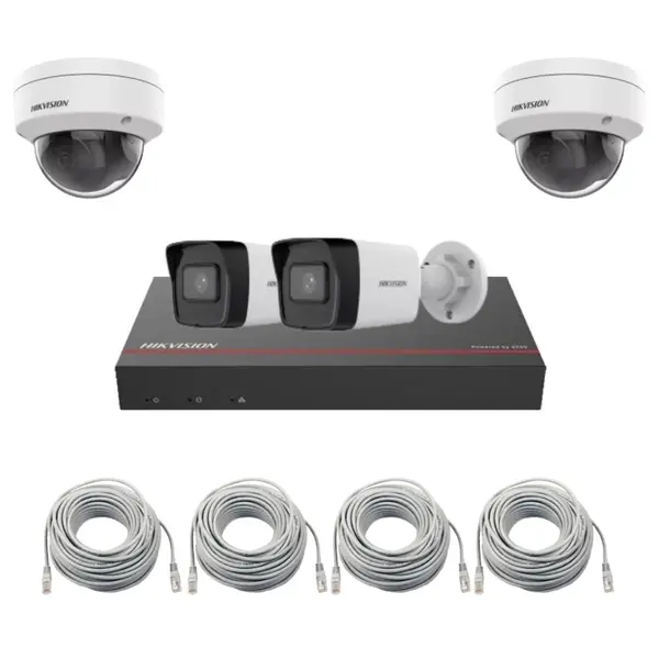 Kit supraveghere IP Hikvision, 4x Camera 4MP lentila 2.8mm, IR 30m, NVR 8 canale max. 4MP, 8 porturi PoE, Patchcord cablu 20 metri