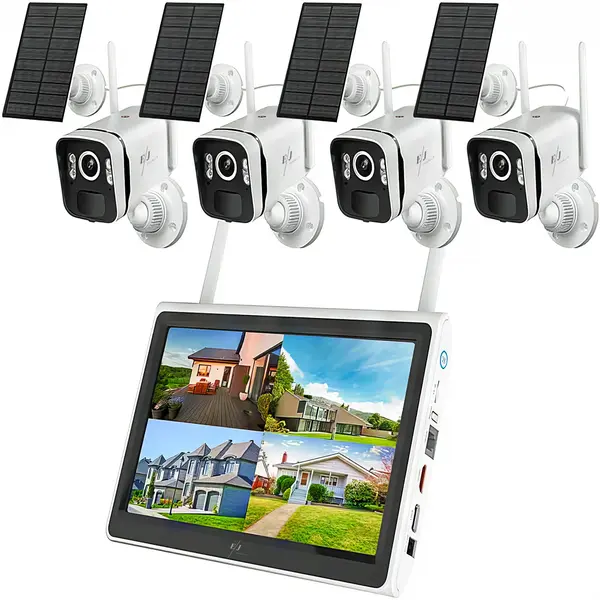 Kit Supraveghere Solar 4 Camere WiFi Wireless – 2K 4MP Exterior cu NVR 10 Canale și Ecran – Panou Solar – Baterie 9000mAh Autonomie Extinsă – Night Vision – Audio Bidirectional – Detectie PIR – IP66 Aplicație Telefon