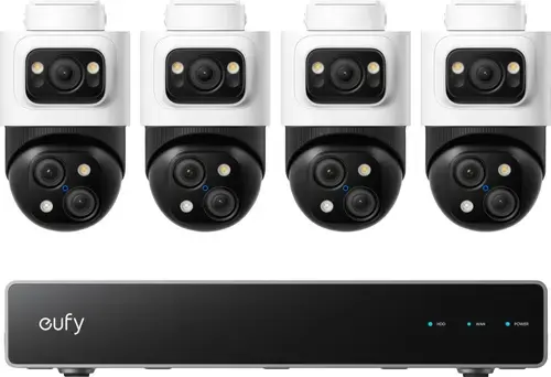 Kit supraveghere video eufy PoE NVR S4 Max, Rezolutie 4K, AI, IP65, cu 4 camere PTZ Bullet cu 3 lentile