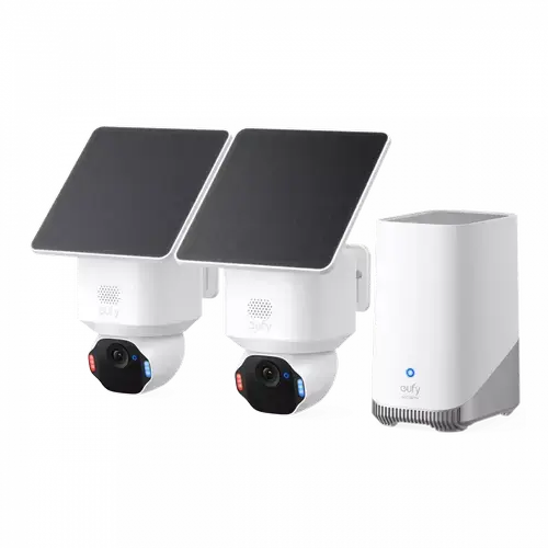 Kit supraveghere video eufy Security SoloCam E42, Rezolutie 4K, cu Panou Solar, AI, Pan&Tilt, Recunoastere faciala, HomeBase S380 + 2 camere video (Alb)